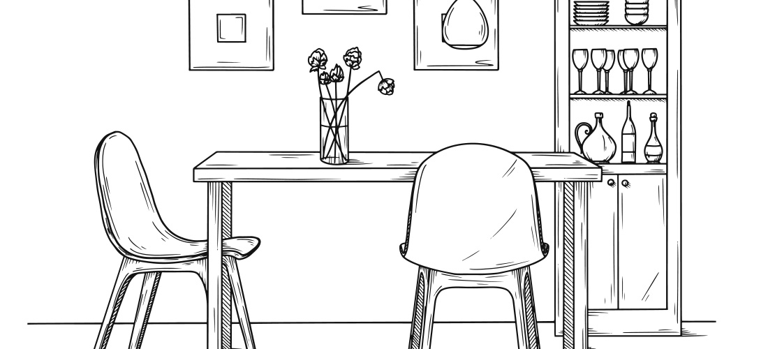 Sketch of a desk and chairs